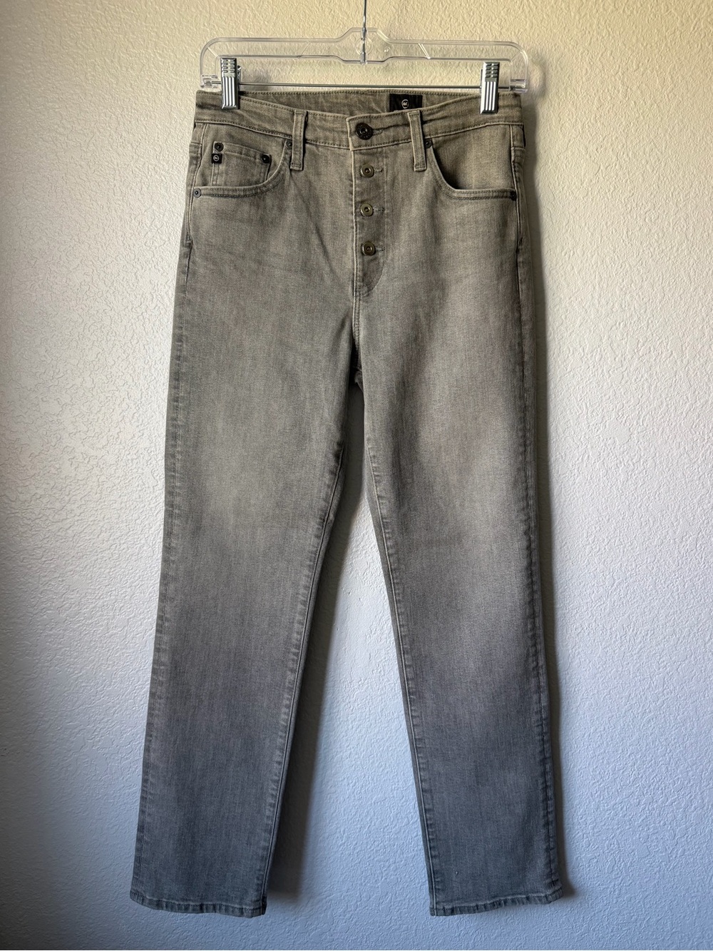 AG Adriano Goldschmied NWOT Button Fly Straight Leg Jeans, Size 27, $225. Gray